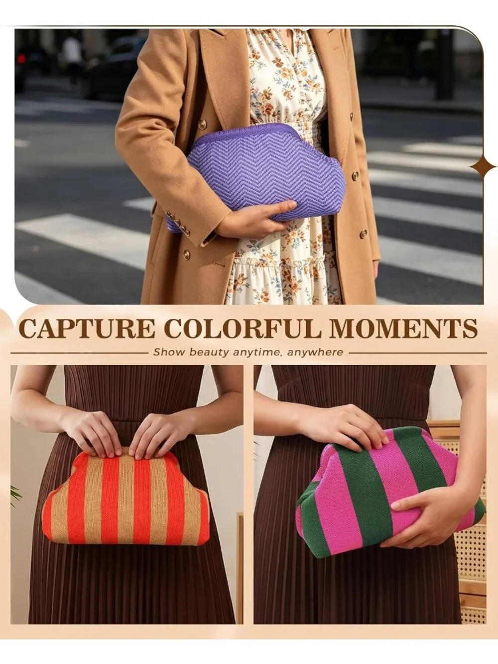 Woman's Pink Orange Summer Beach Purse for Vacation Striped Dumpling Bags